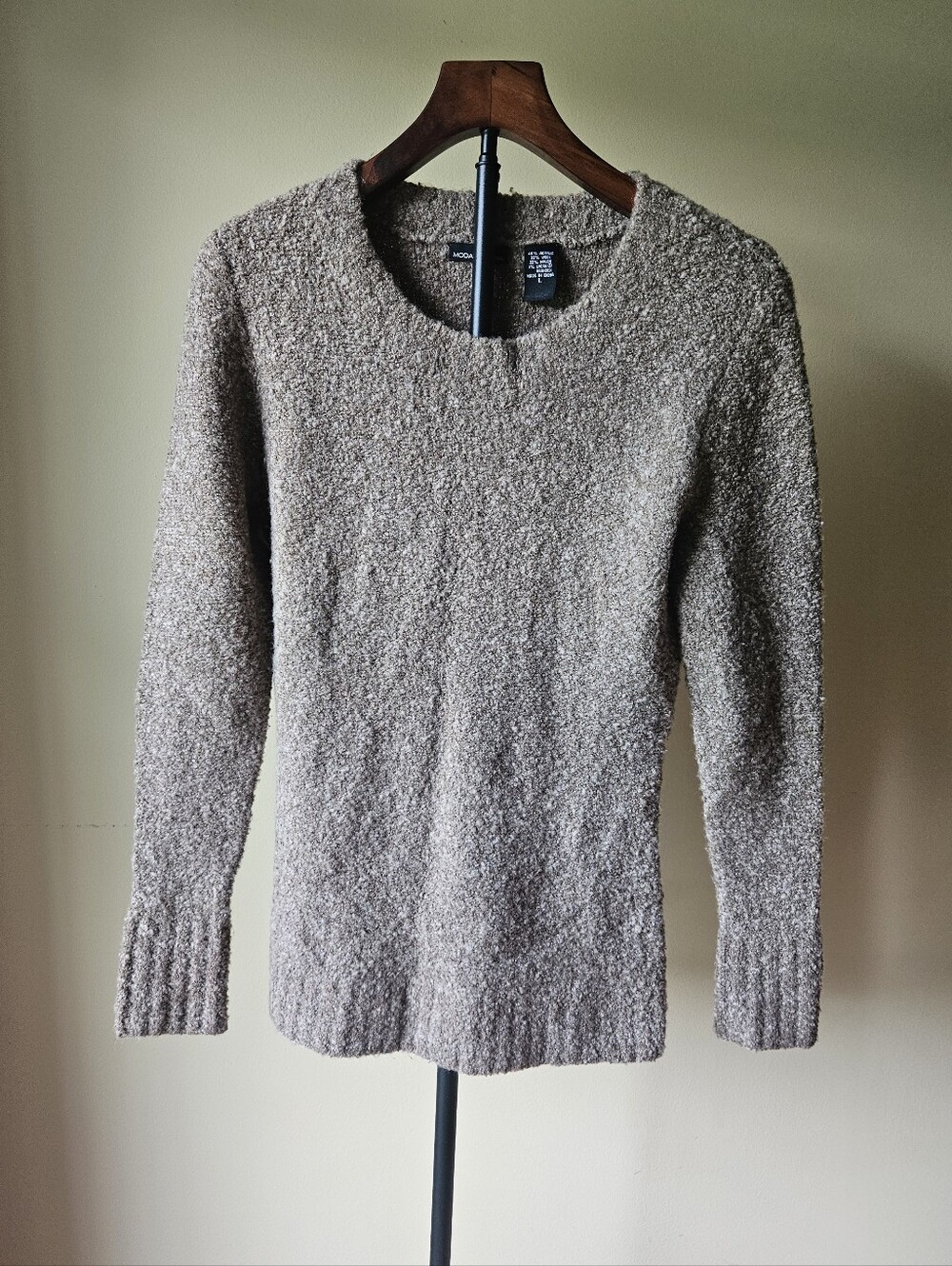 Moda International Taupe Crewneck Sweater Wool Blend Size Large